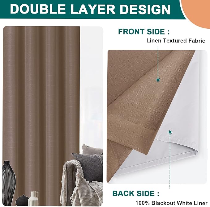 Diraysid 100% Blackout Curtains Cappuccino Linen Curtains - Image 5