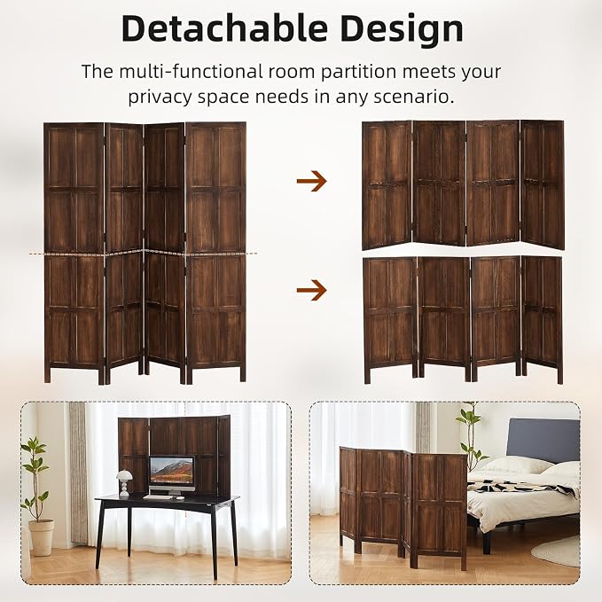 Wood 4 Panel Room Divider, 5.6Ft Detachable Folding Privacy Screen - Image 2