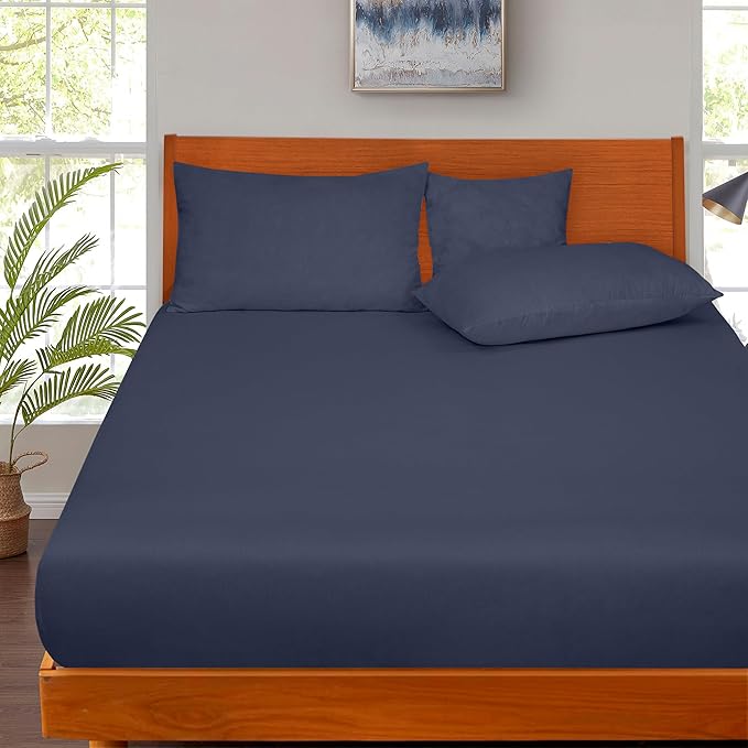ROYALE LINENS 300 Thread Count 100% Long Staple Combed Cotton Fitted Sheet King - Super Soft Deep Pocket Bottom Sheet - Fitted Sheets Only - Elastic Sheets (King, Navy)