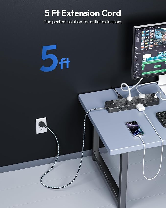 24 Widely Outlets 5 Ft Extension Cord NTONPOWER 15A/1875W Power Strips,Black Extension Cord 25FT with 4 USB Ports(2 USB C), Wall Mount Holes for Home, Office