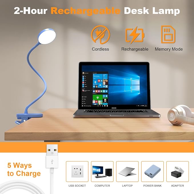 Cordless Clip on Reading Light, Rechargeable LED Book Lamp - Image 4