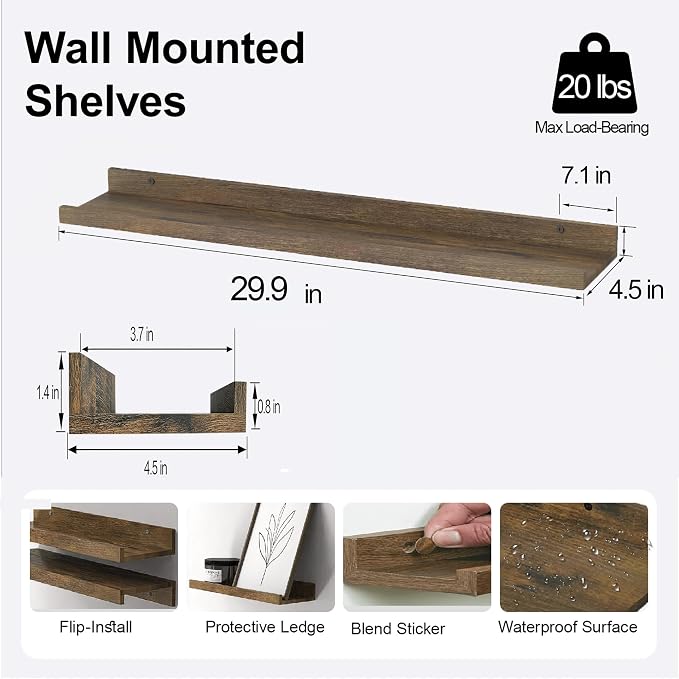 Brown Floating Shelves for Wall Decor, 30 in Shelf - Image 3