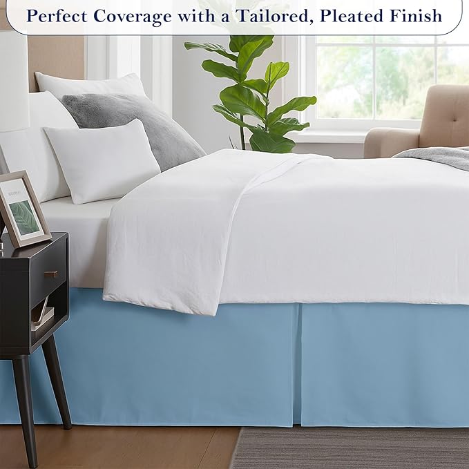 Twin Bed Skirt, Luxury 12 Inch Drop Light Blue Pleated Bed Skirt, Double Brushed Microfiber, Box Pleat Design, Wrinkle & Fade Resistant, Easy Fit Tailored Bedskirt for Twin Size Beds