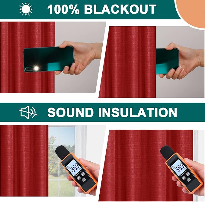 Diraysid 100% Blackout Curtains Red Linen Curtains - Image 4