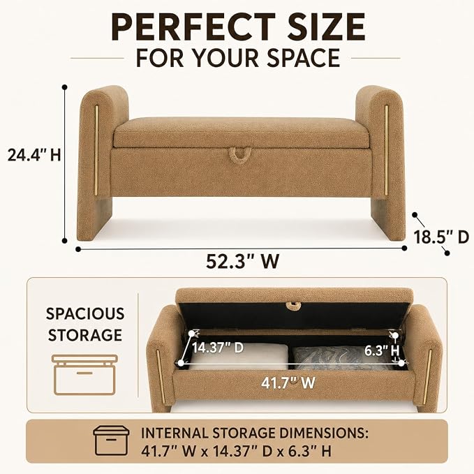 52" Upholstered Storage Bench, Wood Frame | Mid-century storage ottoman bench - Image 2