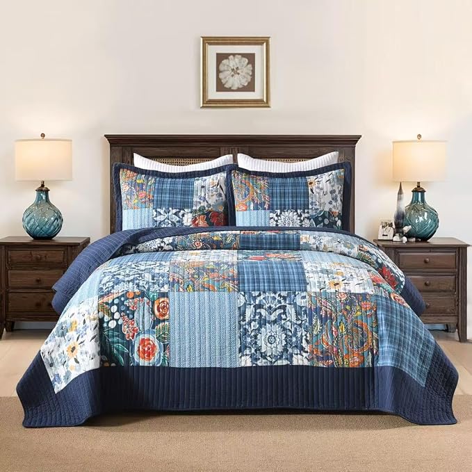 Autumn Dream Cotton Bedspread Luxury Vintage Floral Patchwork Blue Bedding by AutumnDream