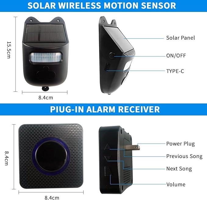 Qumox Solar-Powered Driveway Alert System - Wireless Motion Sensor Doorbell with Weatherproof Design for Home and Business Security (2 Sensor & 1 Receiver)