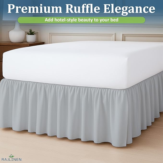 Rajlinen Ruffled Bed Skirt Full XL, 15 Inch Drop Dust Ruffle with Split Corners, 100% Microfiber Bedskirt with Platform, Three-Sided Coverage Ruffled Gathering Design, Light Grey