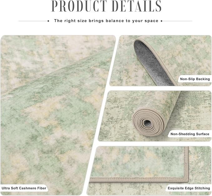 2.6x10 Washable Runner Rug:Modern Abstract Soft Carpet Green Cream | - Image 5