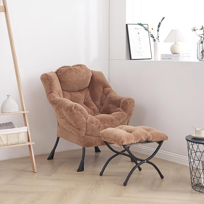 Lazy Chair with Ottoman, Comfy Accent Reading Chair, Plush Brown | Foldable - Image 5