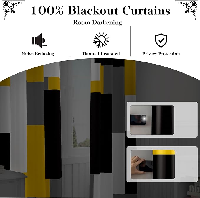 Yellow 100% Blackout Curtains for Bedroom 63 inch Length 2 Panels Set White Grey Modern Abstract Geometric Black Out Curtains Insulated Room Darkening Window Drapes for Living Room, 42Wx63L