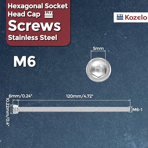 Kozelo 5pcs Socket Head Cap Screws - [M6-1 x 120mm] 304 Stainless Steel Allen Socket Drive for Electrical Motor 3D Printing Fan Engine Replacement Use, Silver