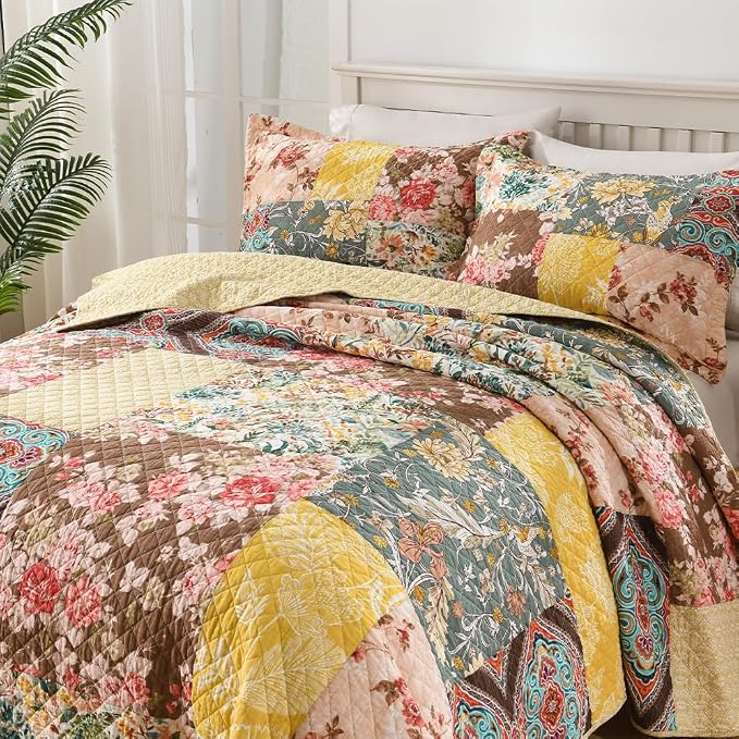 Autumn Dream Cotton Bedspread Yellow Floral Bedding Quilt Sets, King Size | - Image 4