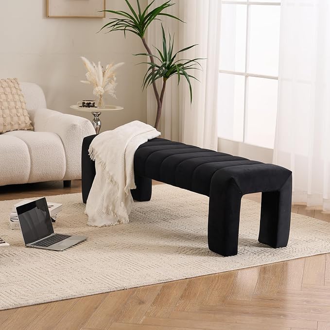 59" Velvet Black Bench for Bedroom King Size Bed Window End of Bed | Long - Image 5