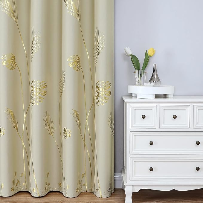 Tropical Leaves Window Curtains Grommet Gold Palm Tree Blackout Curtains Window - Image 2