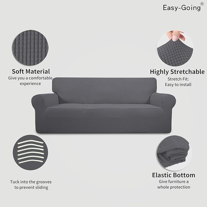 Easy-Going Stretch 4 Seater Sofa Slipcover 1-Piece Sofa Cover Furniture Protector Couch Soft with Elastic Bottom for Kids, Polyester Spandex Jacquard Fabric Small Checks Gray