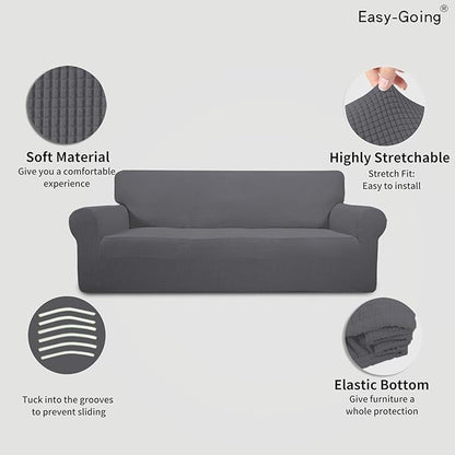 Easy-Going Stretch 4 Seater Sofa Slipcover 1-Piece Sofa Cover Furniture Protector Couch Soft with Elastic Bottom for Kids, Polyester Spandex Jacquard Fabric Small Checks Gray