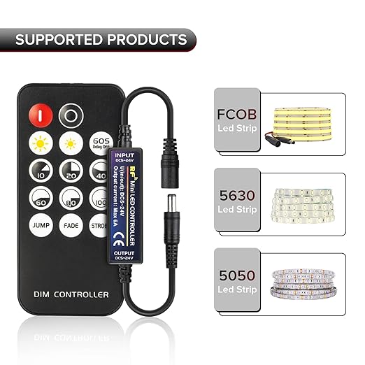 Mini RF Dimmer Controller 14 Keys 3014 5630 5730 3528 LED Strips DC5V/DC12V/DC24V Dimmer Switch Brightness Mode Effect Mode Wireless LED Dimmer Controller(Single Color)