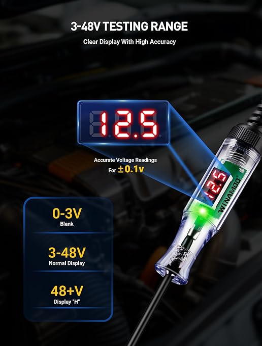 WINAMOO Automotive Test Light with 3-48V LED Digital Voltage Display, Auto Circuit Tester with Voltmeter & Dual Color Polarity Indicate, Electric Test Pen w/Stainless Probe for Car/Truck/SUV Checker