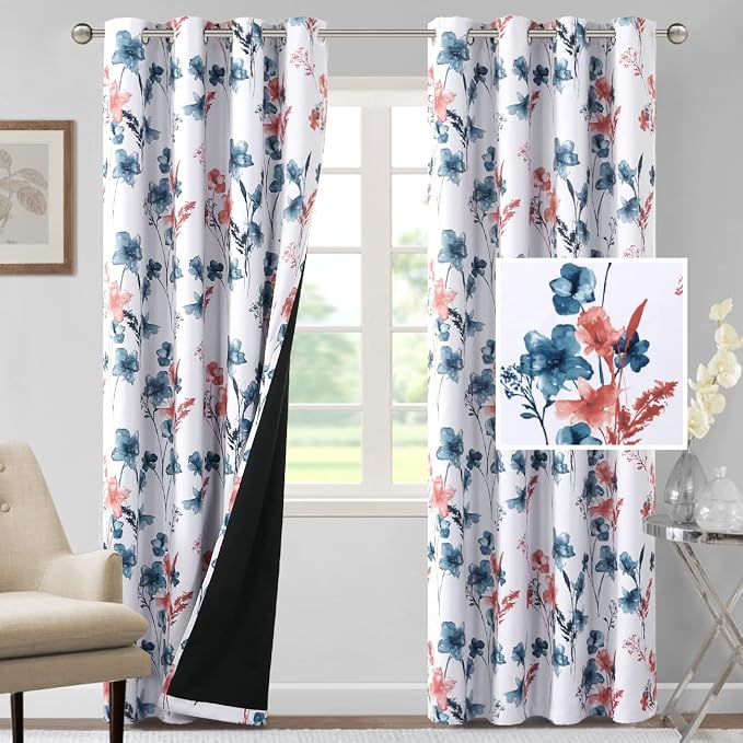 H.VERSAILTEX 100% Blackout Curtains 96 inch Length 2 Panels Set Cattleya Floral by HVERSAILTEX