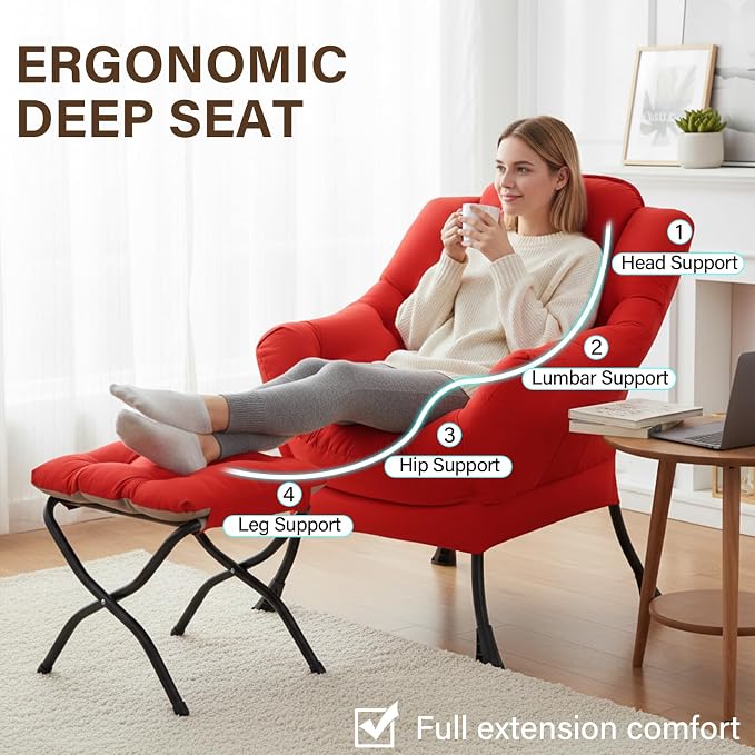 Welnow Lazy Chair with Ottoman, Reading Chair with Footrest, Foldable Footrest - Image 5