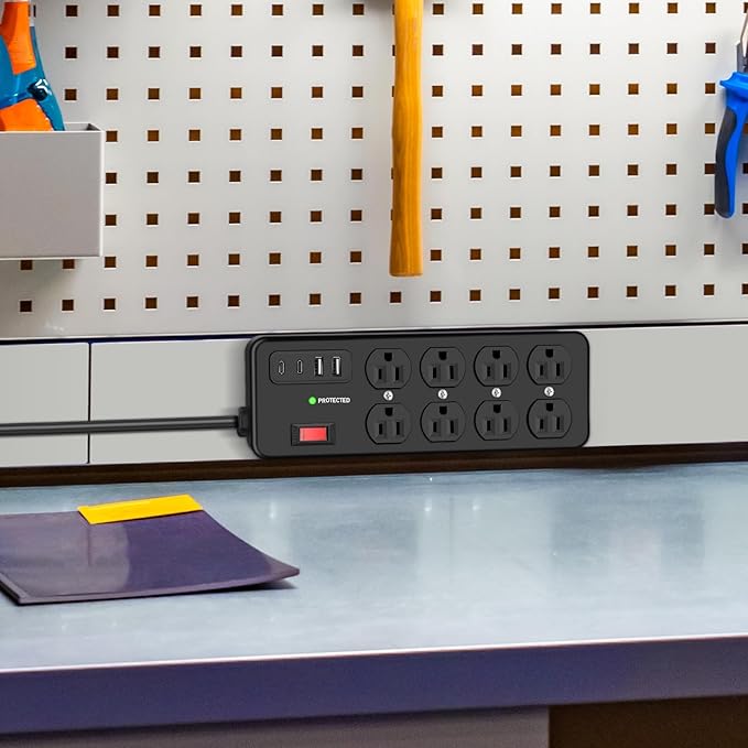 Heavy Duty Power Strip with USB,8 Outlet Workshop Metal Power Strip,PD20W USB C 15A 1200 Joules Surge Protection,Wide Spaced,6FT Cord