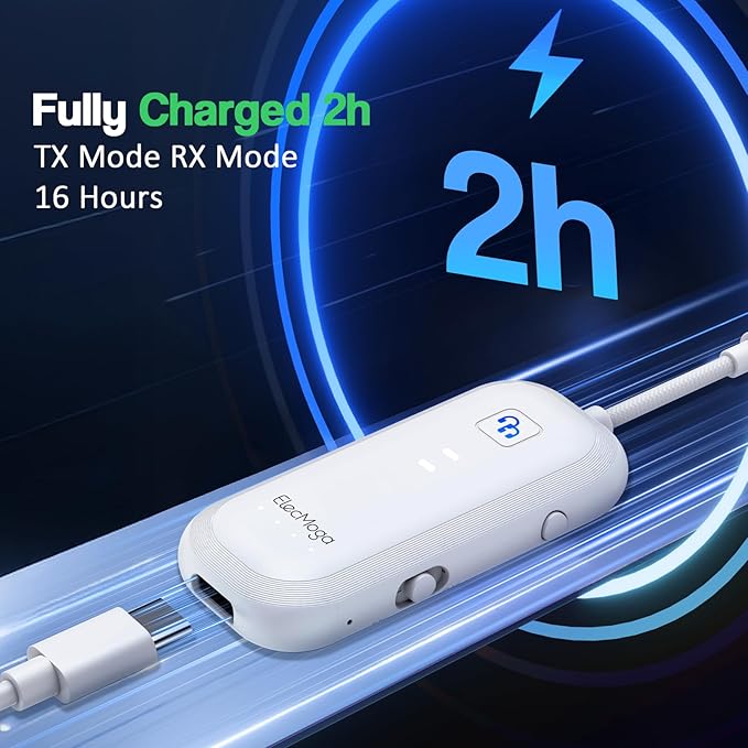 2025 Upgraded Airplane Bluetooth 5.4 Transmitter with aptX Adaptive, ElecMoga Airplane Travel Essentials Supports 2 AirPods or Headphones, 2-in-1 AUX Wireless Transmitter Receiver for TV, Car, White
