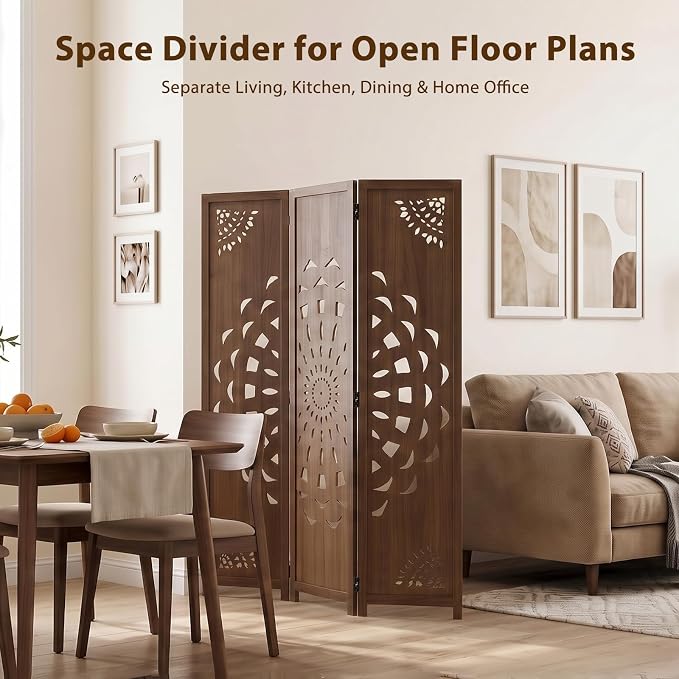 3 Panel Room dividers, 66.9" Boho Double-Sided Carved Screen, Freestanding - Image 2