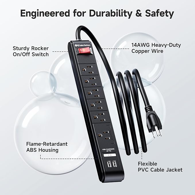 [ETL Listed] Cable Matters 2-Pack 6-Outlet Surge Protector Power Strip with USB Ports - 12ft, Long Extension Cord, Surge Protector with USB Ports, Black