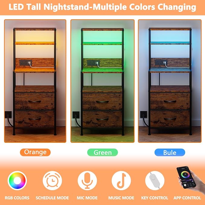 Nightstands Set of 2 with Charger Station, 39.4"Tall Bedside Table | RGB LED - Image 5