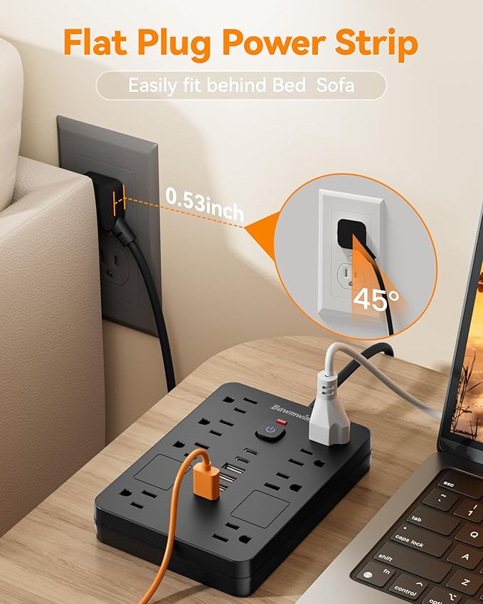 Bawmwim Surge Protector Power Strip - 8 Outlets(1850W/15A) with 6 USB Ports（2 USB C, 6FT Flat Plug Extension Cord, Wall Mount Multi Plug Outlet Extender, ETL Listed for Home, Dorm Room, Black