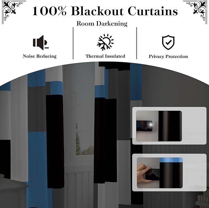 Light Blue 100% Blackout Curtains for Bedroom 96 inch Length 2 Panels Set White Grey Modern Abstract Geometric Black Out Curtains Insulated Room Darkening Window Drapes for Living Room, 52Wx96L