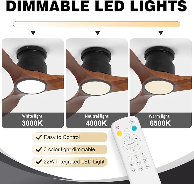 revoici 52Inch Wood Ceiling Fans with Lights and Remote Control, Indoor Outdoor Ceiling Fans Farmhouse, Low Profile Ceiling Fan with Light Timing 6 Speeds 3 Color Light Memory Lighting Reversible