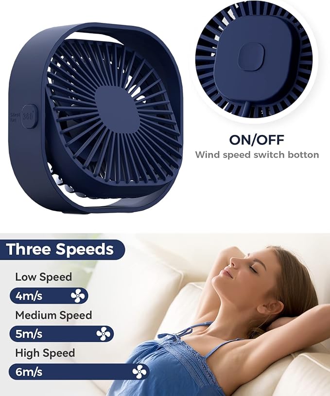 RJVW 4 Inch Small USB Desk Fan, 3-Speed Portable & 360°Rotatable Mini Cooling Fan, USB-Powered Desktop Fan for Home Office Bedroom Dorm Indoor Outdoor Summer Gift