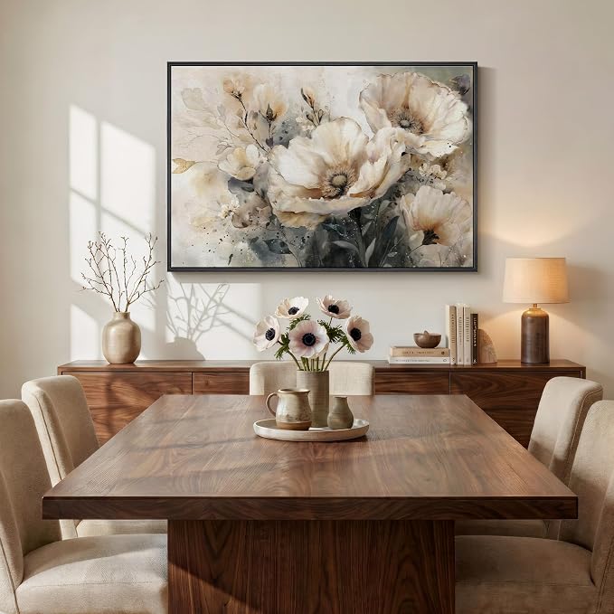 Framed Neutral Floral Wall Art, Botanical Flower Canvas Painting Prints - Image 2