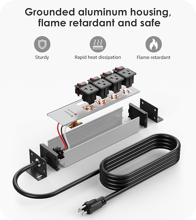 CCCEI Heavy Duty Surge Protector Power Strip 20 Amp Individual Switches. 20FT 12 Gauge Extension Cord with Multiple Outlets. Kitchen, Garage, Shop, Industrial Wall Mount Electric Extender, Grey.