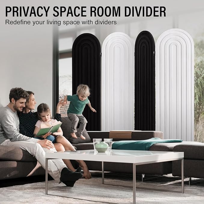 Wood Room Divider and Folding Privacy Screen 4 Panel White Black | Arched Room - Image 2