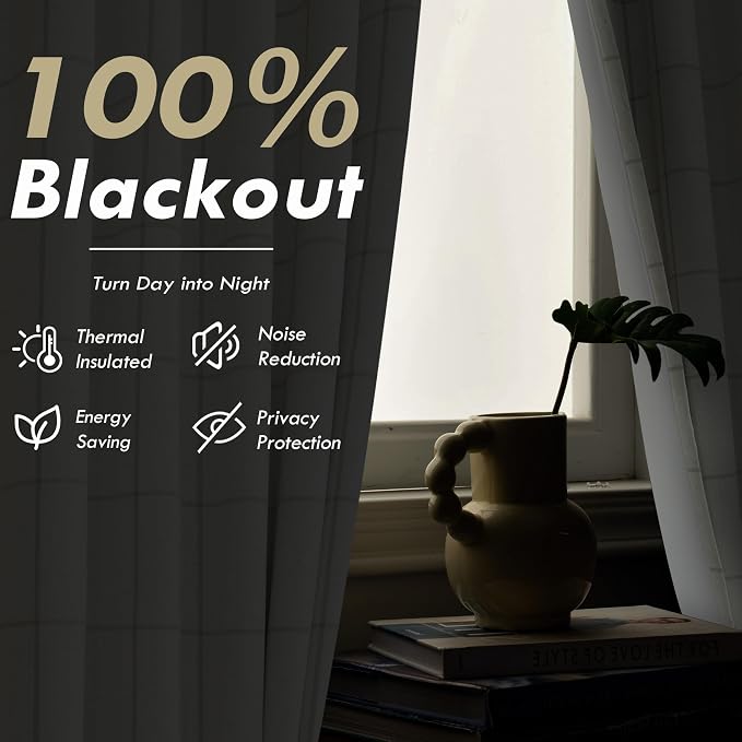 DriftAway 100% Blackout Plaid Linen Curtains 102 Inches Long 2 Panels Taupe | - Image 6