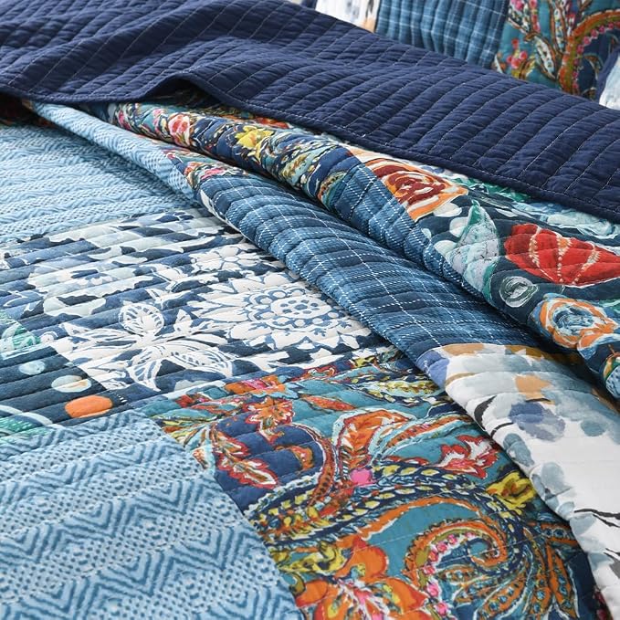 Autumn Dream Cotton Bedspread Luxury Vintage Floral Patchwork Blue Bedding - Image 6
