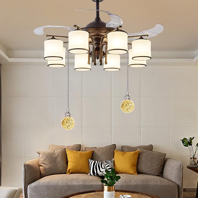 2PCS Yellow Pull Chain Crystal Glass Ice Cracked Ball Pull Chain for Ceiling Fan Light Decoration 50cm Extension Chain