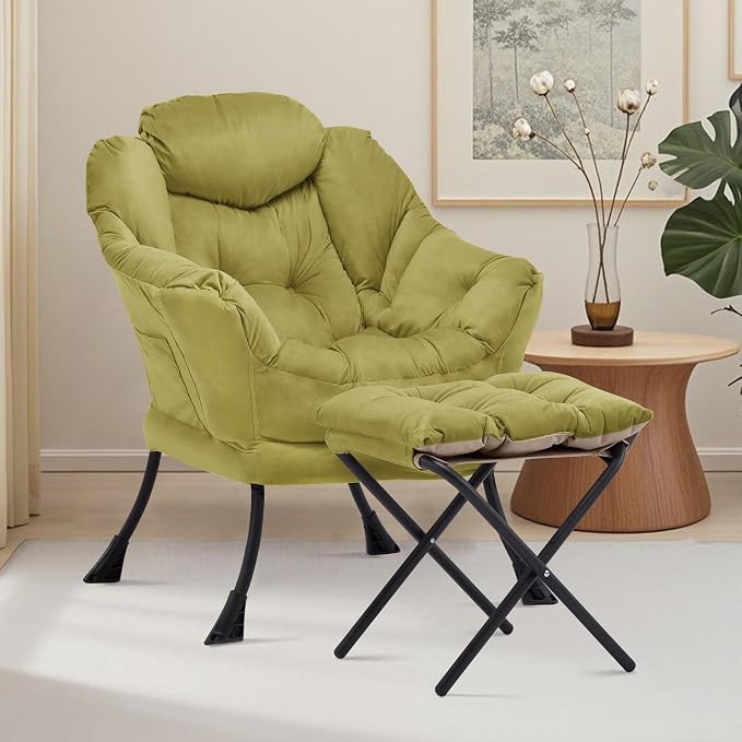 Lazy Chair with Ottoman, Comfy Reading Chair, Olive Green | Cushioned Seat with - Image 2