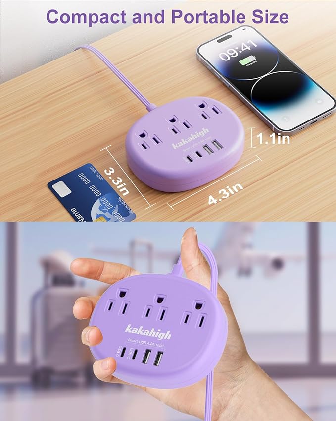 Purple Extension Cord with Surge Protected 1080J - 5 FT Flat Power Strip, 1625W Cute Extension Cord with 3 AC Outlet 4 USB (24W/4.8A), Compact for Cute Purple Kawaii Lavender Accessories