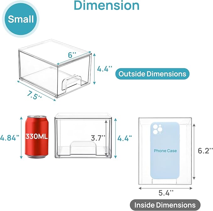 Vtopmart 6 Pack Small Clear Stackable Storage Drawers,Acrylic Bathroom Makeup Organizer,Plastic Storage Bins For Vanity, Undersink, Kitchen Cabinets, Pantry, Home Organization