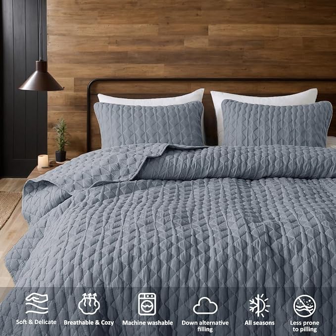 WDCOZY Blue Oversized California Cal King Size Quilt Bedding Sets - Image 5