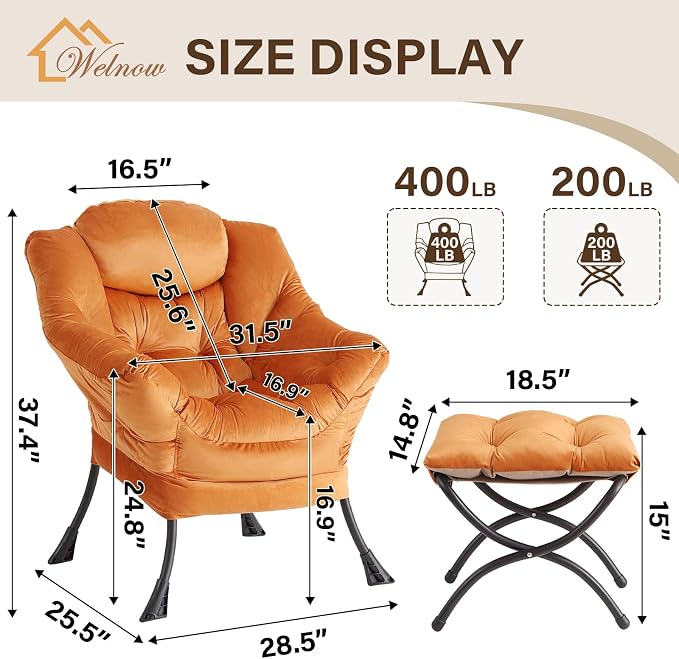Welnow Orange Lazy Chair with Ottoman, Reading Chair with Footrest | A Side - Image 3