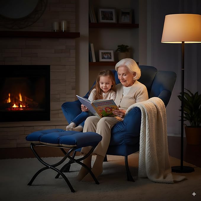 Lazy Chair with Ottoman, Comfy Accent Reading Chair, Velvet RoyalBlue | - Image 2