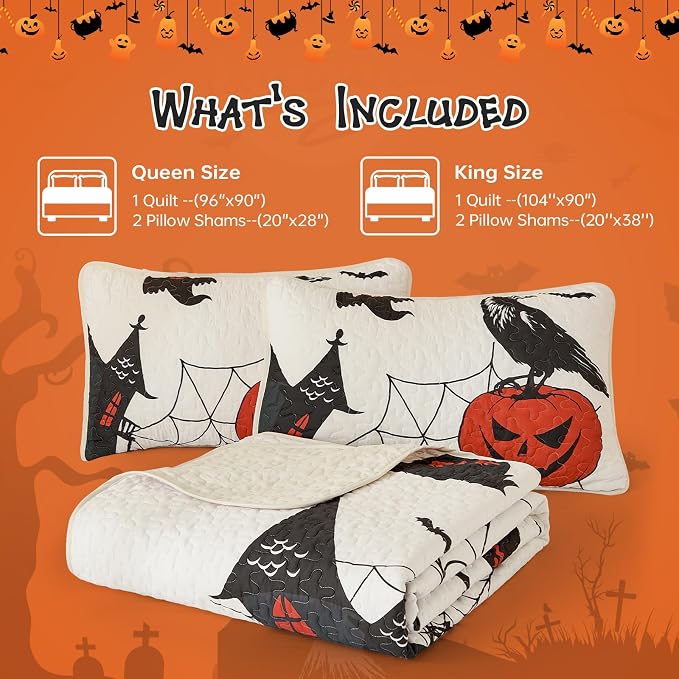 WONGS BEDDING Queen Halloween Quilt Set, Breathable, 3-Piece 96"x90", Bold - Image 7