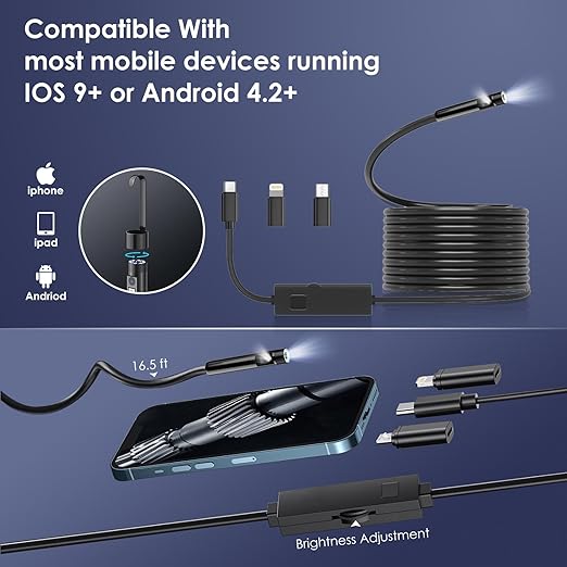 Borescope Camera with Light,16.4FT Semi Rigid Snake, 1920P HD Borescope Camera with 8 Adjustable LED, Borescope for iPhone IP67 Waterproof Automotive Engine Plumbing HVAC Inspection 8 mm (Dual-Lens)