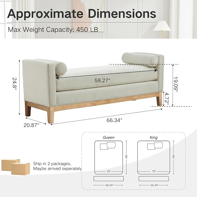 66.34" End of Bed Bench Boucle Fabric Long King Size Bench, Window Bench. - Image 2