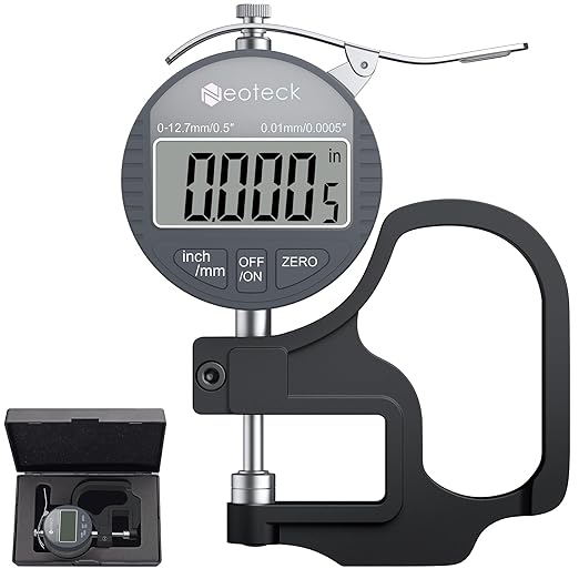 Neoteck Digital Thickness Gauge 0.5inch/12.7mm,0.0005inch/0.01mm LCD Display with Inch/MM Conversion One-Hand Quick Press Thickness Measuring Tool for Leather Paper Fabric Film etc.-Silver-Grey